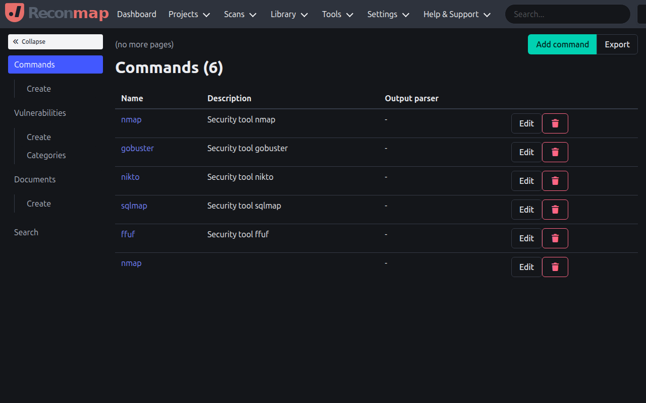 Commands view