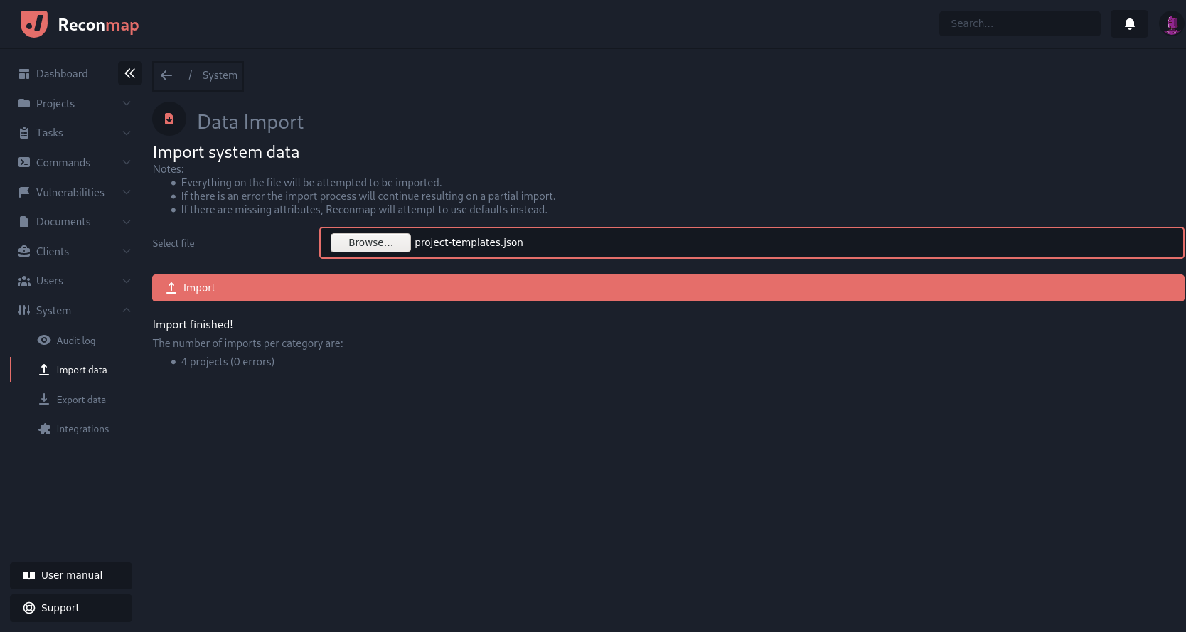 System data import screenshot