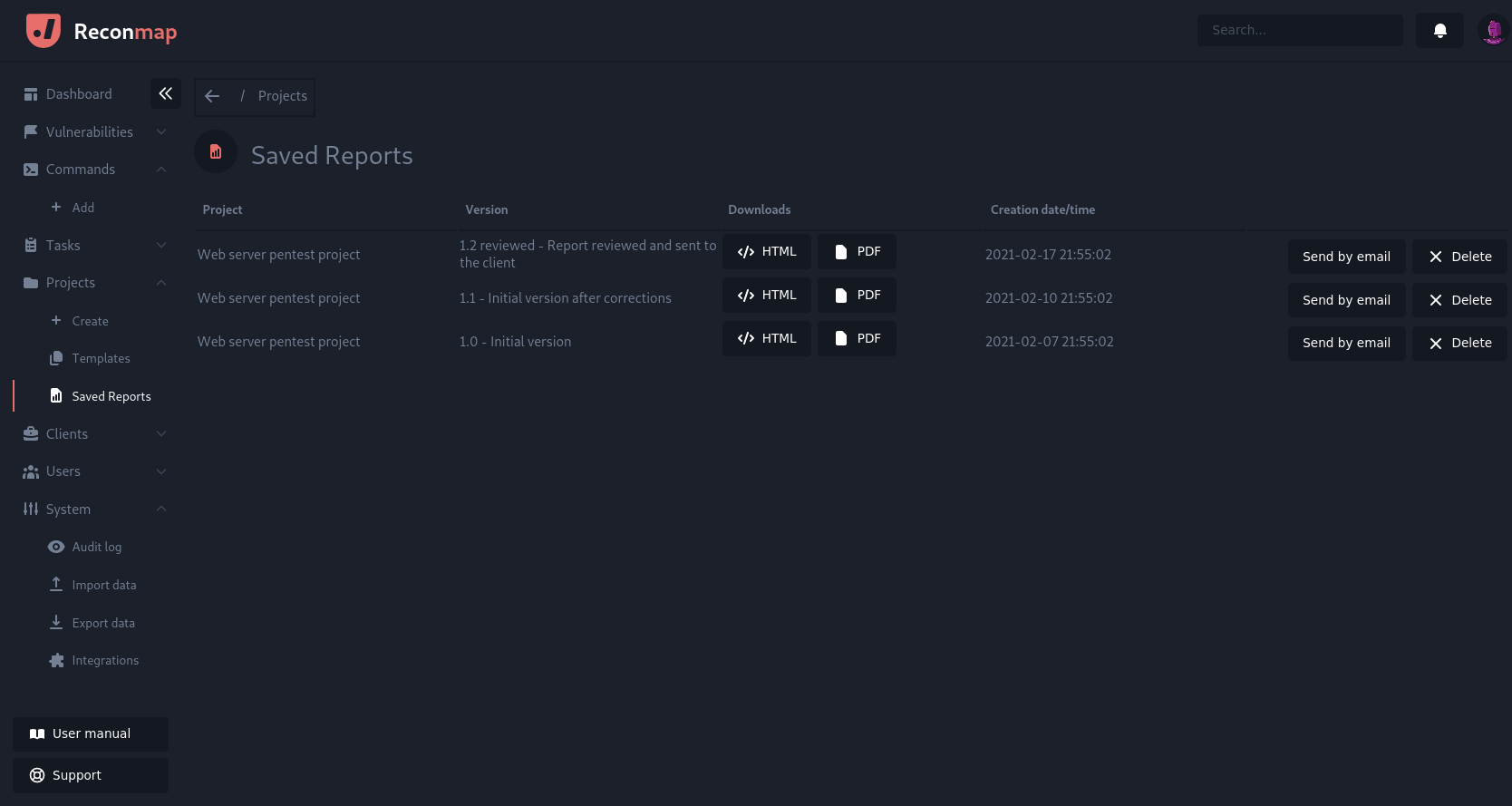 Saved pentest reports