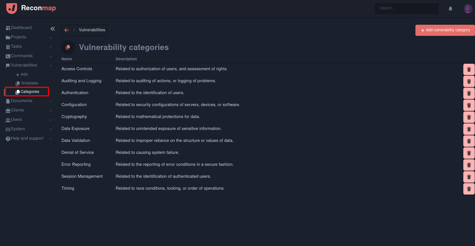 Vulnerability categories